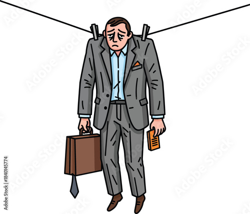 Exhausted cartoon businessman in a grey suit hanging limply from a clothesline looking defeated and overworked.
