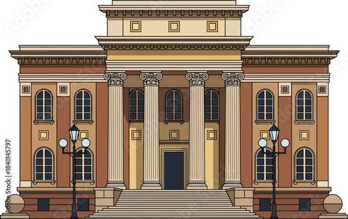 Grand neoclassical building illustration with stately columns arched windows and a symmetrical facade.