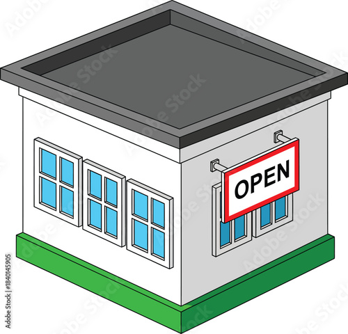 Isometric illustration of a small white shop building with a flat roof and a hanging red OPEN sign.