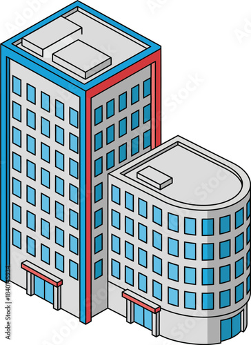 Isometric illustration of a tall rectangular skyscraper and a modern curved office building.