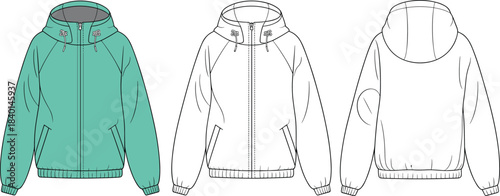 Hooded jacket front back color sketch, technical fashion drawing, garment design, vector template, cad drawing flat vector