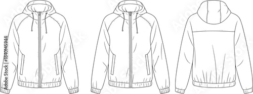 Hooded jacket technical sketch, front back three-quarter view, fashion flat, garment design, vector template, cad drawing flat vector