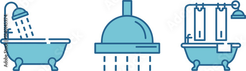 Bathroom Bathtub And Shower Icons In Blue water