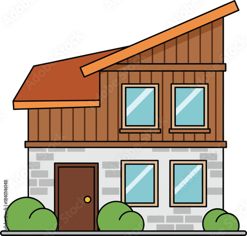 Modern twostory house illustration with a slanted roof wood siding and a grey stone facade.