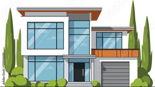 Modern twostory house illustration with large glass windows a flat roof and an attached garage.