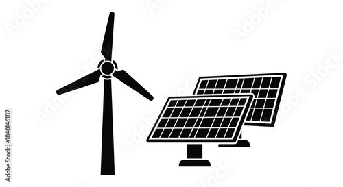 Renewable energy icons depicting a wind turbine and solar panels in dark silhouette