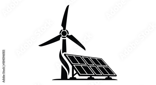 A striking black silhouette of a wind turbine combined with solar panels represents renewable energy sources