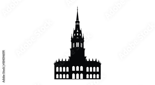 A striking black silhouette of a tall ornate building with a pointed spire silhouette