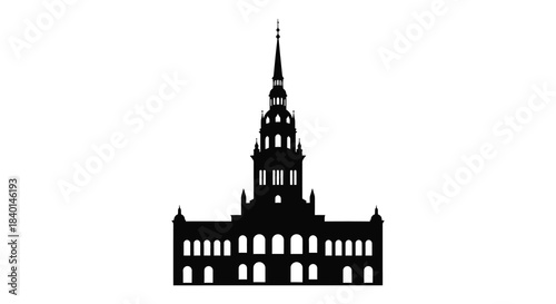 Detailed black silhouette of a grand ornate building with a tall pointed spire silhouette