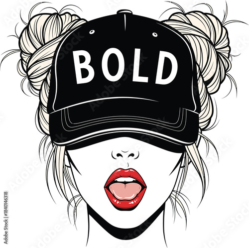 Stylish woman with blonde space buns wearing a black baseball cap with the word BOLD.