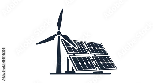 Renewable energy sources combine with a wind turbine and solar panels depicted as a silhouette