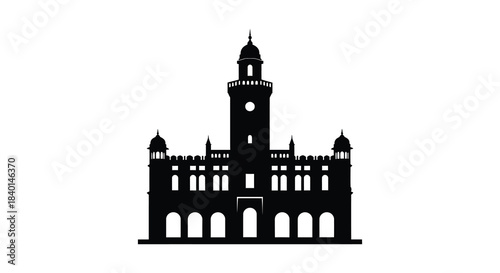 A striking black silhouette of an ornate building with a central tower and detailed facade silhouette
