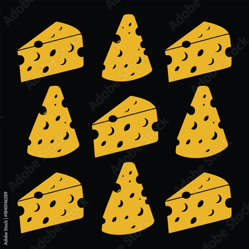 Golden Swiss cheese wedges stand in a grid on a stark, contrasting black backdrop