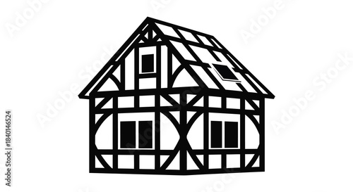 Detailed illustration of a traditional half timbered house structure in black and white silhouette