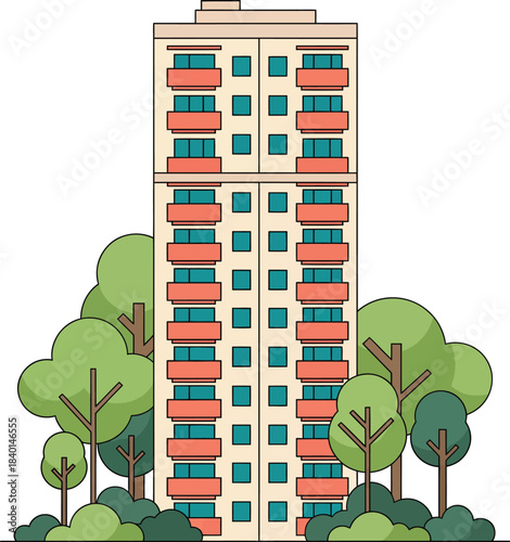 Tall residential apartment building illustration with a beige facade orange balconies and blue windows.