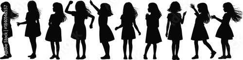 Girls silhouette in dresses, expressive poses, child gesture art, long hair movement, standing row, playful posture, emotional body language