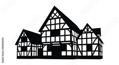 Detailed black and white illustration of a traditional german building in stark silhouette