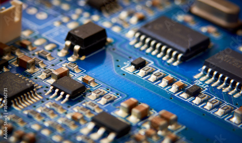 Close up of electronic circuit board with microchips and capacitors