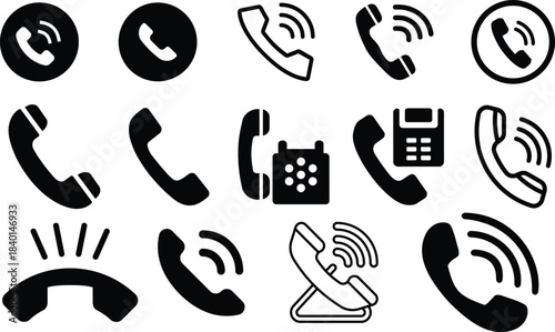 Collection of black telephone icons and symbols on a white background communication