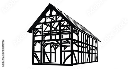 Detailed black and white illustration of a traditional timber framed building silhouette