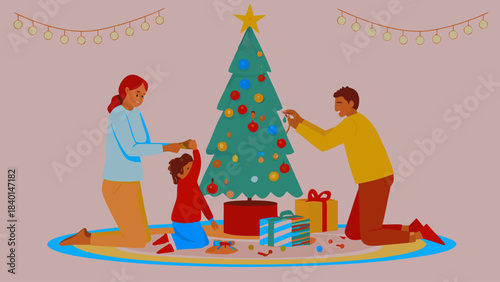 A happy family decorates a christmas tree together with ornaments and gifts below