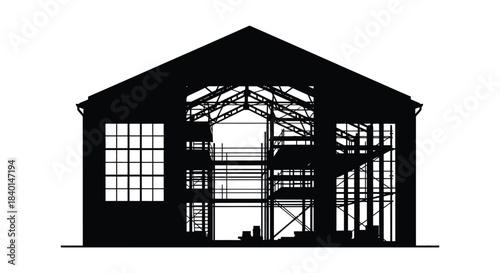 Detailed depiction of a barn structure with a large arched window a striking silhouette