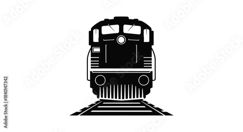 A striking front view of a classic diesel locomotive presented as a bold silhouette