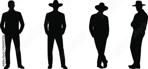 Men silhouette standing pose, wide-brim hat style, casual posture variation, black illustration, fashion gesture, personality stance, male figure art
