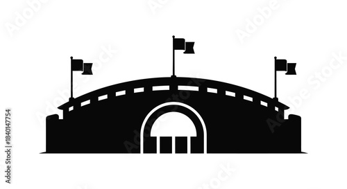 A striking black silhouette of a stadium with flags showcasing architectural design silhouette