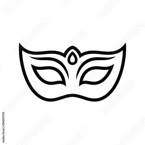 A simple black and white line drawing depicts a classic venetian masquerade mask with elegant curves and a teardrop detail