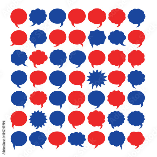 a visually striking arrangement of speech bubbles in contrasting red and blue tones plus one star creates a patterned composition