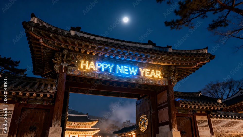 Fototapeta premium 궁궐앞_홀로그램_새해인사_야경