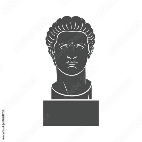 a striking black and white illustration depicting a male head possibly a classical bust with detailed hair texture and strong facial