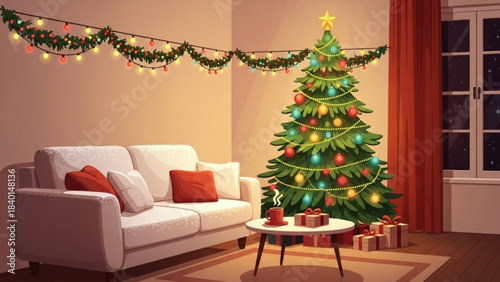 Cozy living room decorated for Christmas with a lit tree sofa and festive string lights perfect for holiday greetings