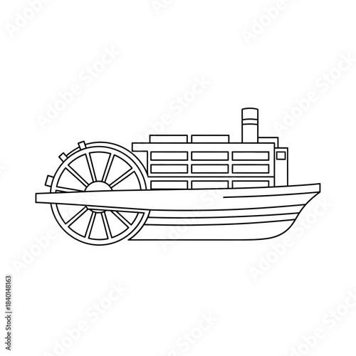a detailed black and white line drawing depicts a classic paddle steamer boat with prominent wheels and a smokestack high quality