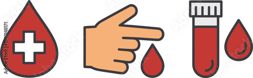 Blood drop with cross, finger pricking, and test tube icons medical health
