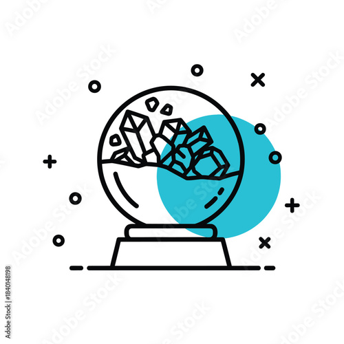 a minimalistic illustration featuring a crystal ball containing various crystals alongside abstract shapes on a simple pedestal base high quality professional