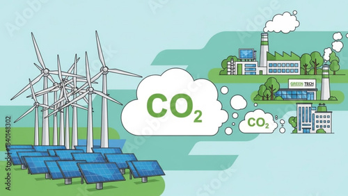 Renewable energy sources like wind turbines and solar panels contrasted with industrial pollution CO2 emissions concept for environment