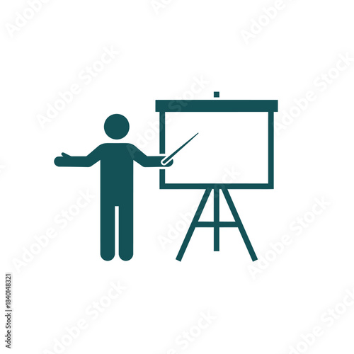 a simple teal pictogram depicts a person giving a presentation using a pointer and a blank whiteboard on an easel