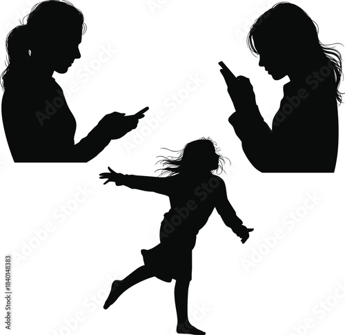 Silhouette smartphone users and playful child, tech contrast, digital lifestyle, motion gesture, black illustration, modern behavior, generational interaction