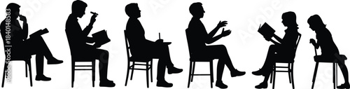 Silhouette, sitting, posture, people, chair, activity, writing, reading, thinking, gesture, black, white, graphic, minimal, interaction, reflection, illustration, behavior, pose, seated, contemplation