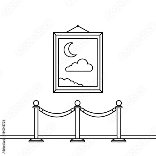 a simple line drawing depicts a framed artwork of a crescent moon and clouds displayed in a gallery setting with a