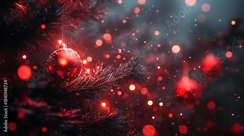 Glowing pine red winter ornaments snowfall red lighting
