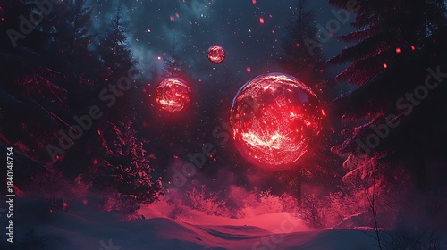 Glowing pine red winter ornaments snowfall red lighting