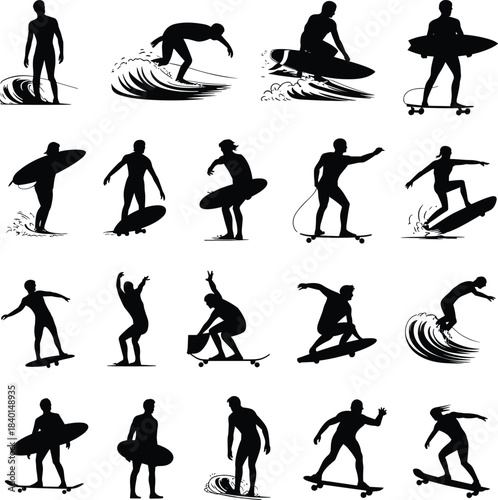 Surfing, skateboarding, silhouette, posture, motion, trick, stance, black, white, graphic, illustration, board, sport, rider, energy, action, minimal, outdoor, agility, lifestyle, dynamic
