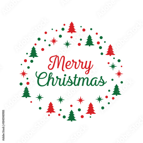 a festive circular design featuring the words merry christmas surrounded by red and green christmas trees and sparkling stars high quality