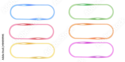 glowing multi color button shape frames laser light lines set isolated design on transparent background vector illustration.