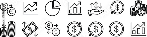 Collection of finance and business line art icons money coin