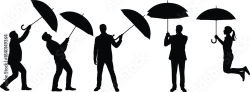 Umbrella, silhouette, people, posture, walking, jumping, wind, rain, black, white, graphic, motion, gesture, standing, airborne, illustration, weather, dynamic, interaction, pose, outdoor