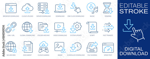 Download conduit icons illustrating digital intake, media retrieval, cloud interaction and system operations.